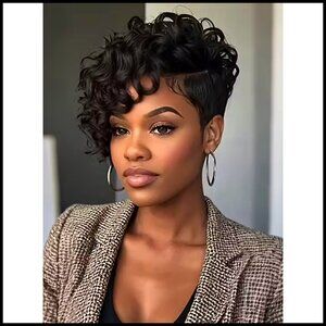 Short Curly Pixie Wig Human Hair Glueless Wear and Go Side Bangs Modern